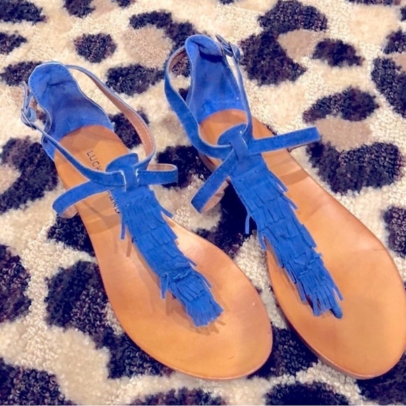 Lucky Brand Blue and Tan T-Strap Sandals with Fringe - Picture 1 of 7